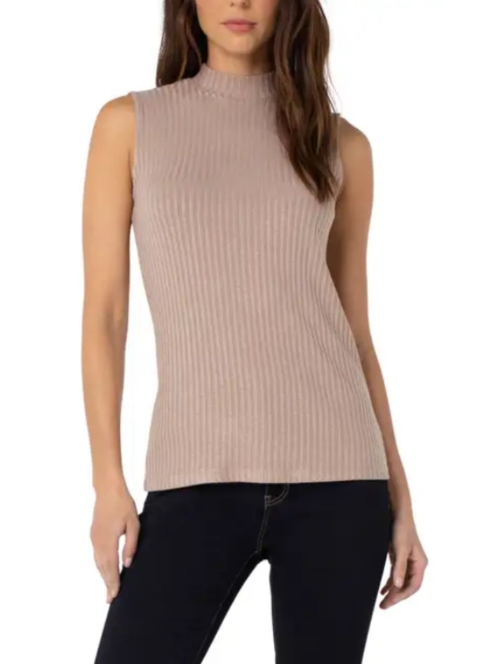 Liverpool Los Angeles Mock Neck Sleeveless Top Rib Knit Small, Sandstone Tan